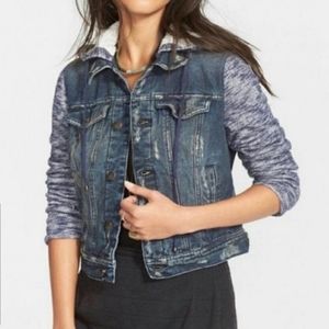 Free People Mixed Media Space Dye Knit Hooded Denim Jean Jacket Size Medium